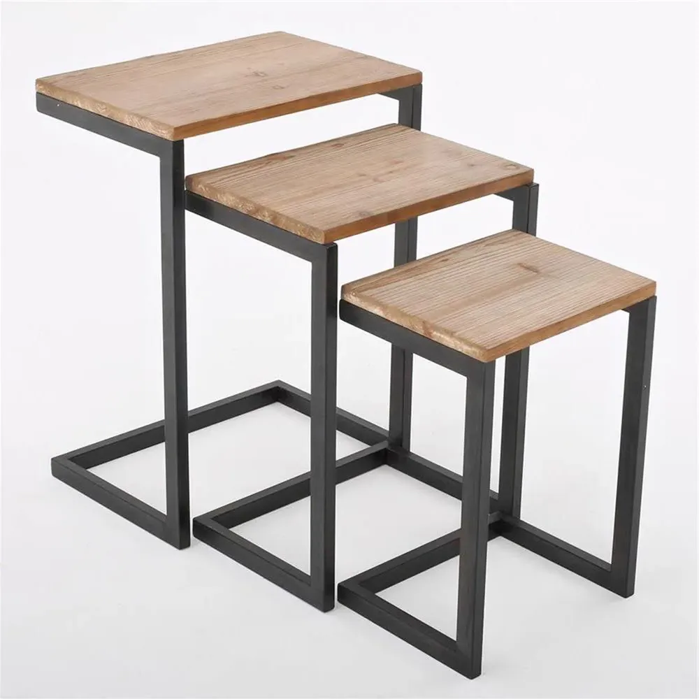 Oak Effect Nest of Tables Set of 3 - Brown, Metal