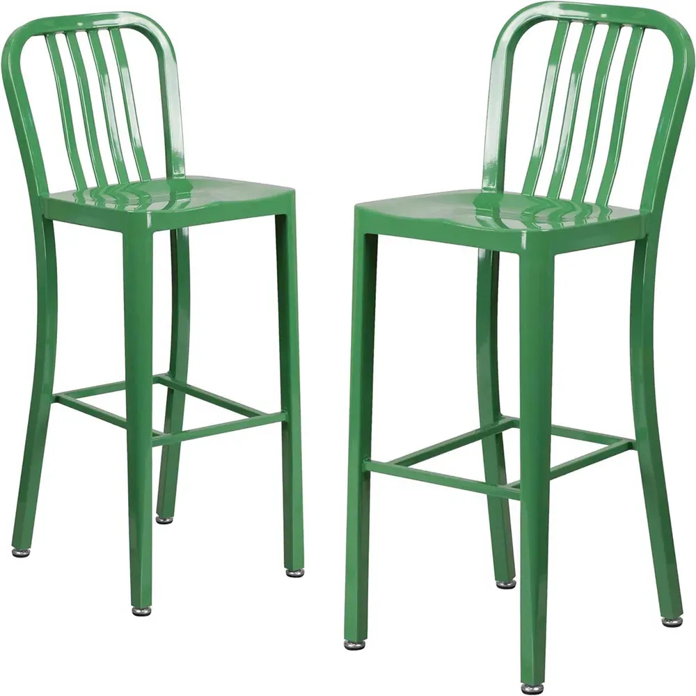 Set of 2 Tall Bar Chairs Ready Assembled - Green, Steel