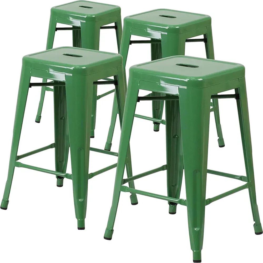 Set of 4 24 Inch Bar Stools - Green, Galvanised Steel