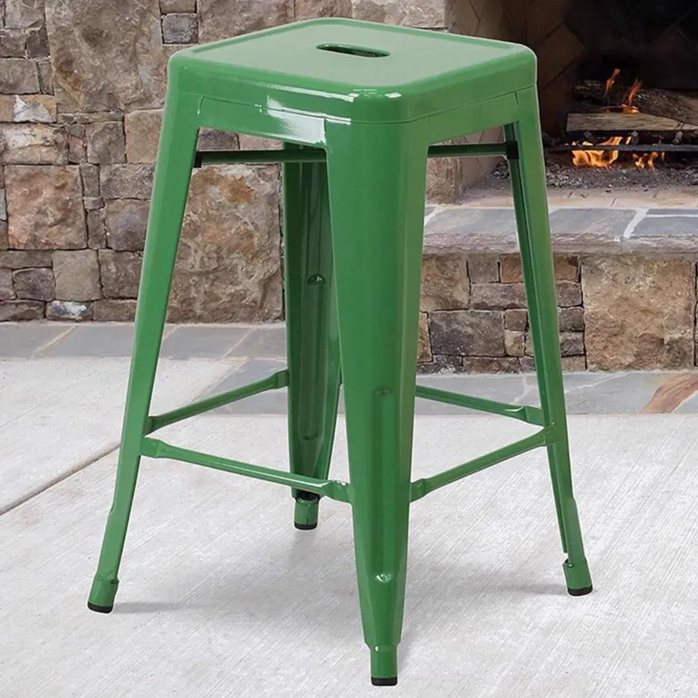 Set of 4 24 Inch Bar Stools - Green, Galvanised Steel