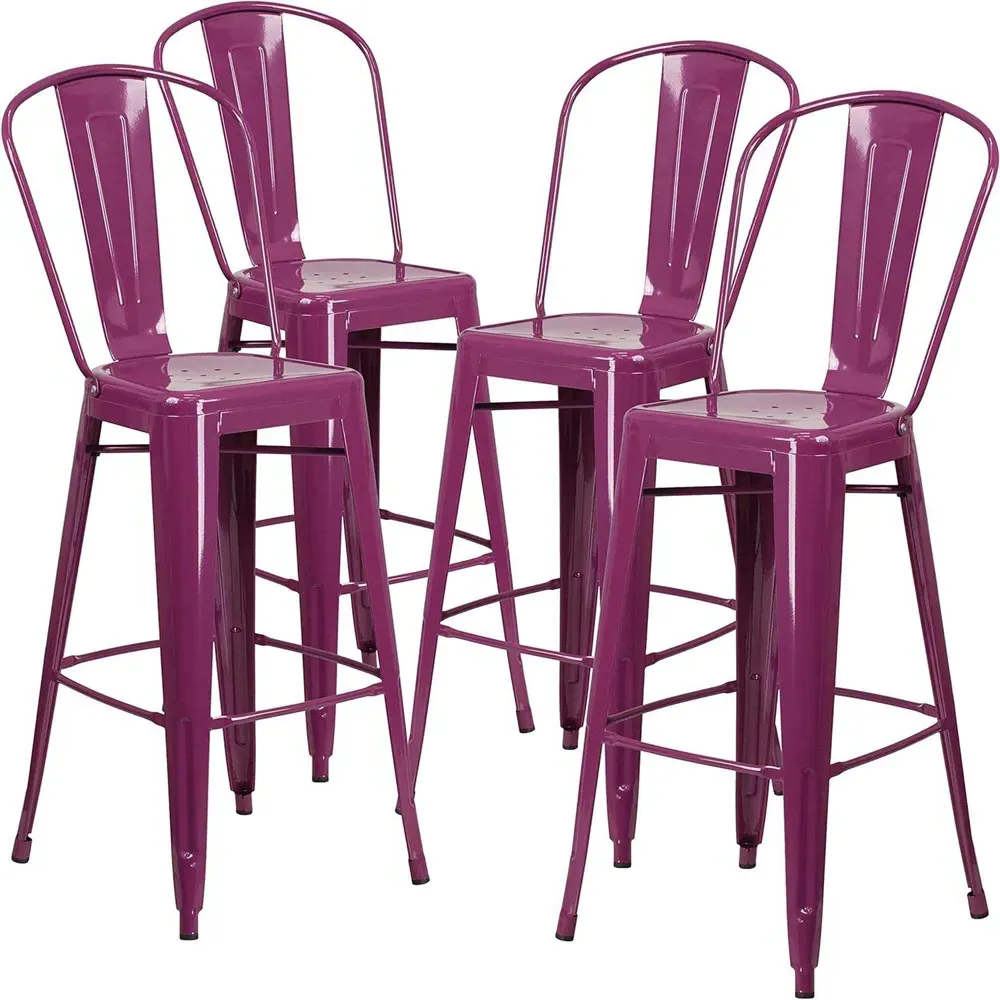 Set of 4 24 Inch Bar Stools - Purple, Galvanised Steel