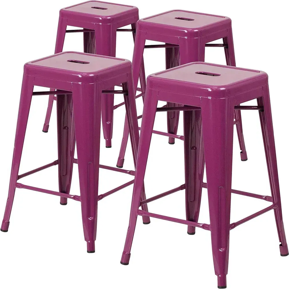 Set of 4 24 Inch Bar Stools - Purple, Galvanised Steel
