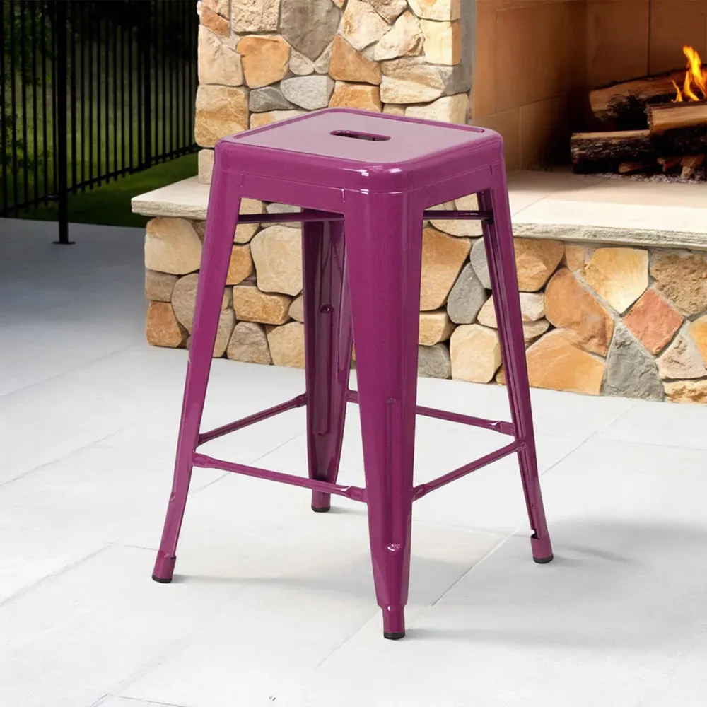 Set of 4 24 Inch Bar Stools - Purple, Galvanised Steel