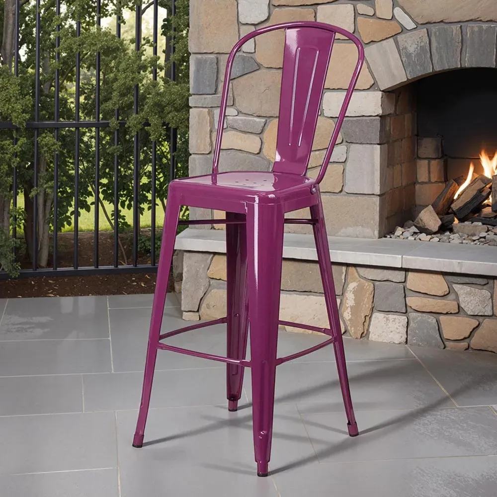 Set of 4 24 Inch Bar Stools - Purple, Galvanised Steel