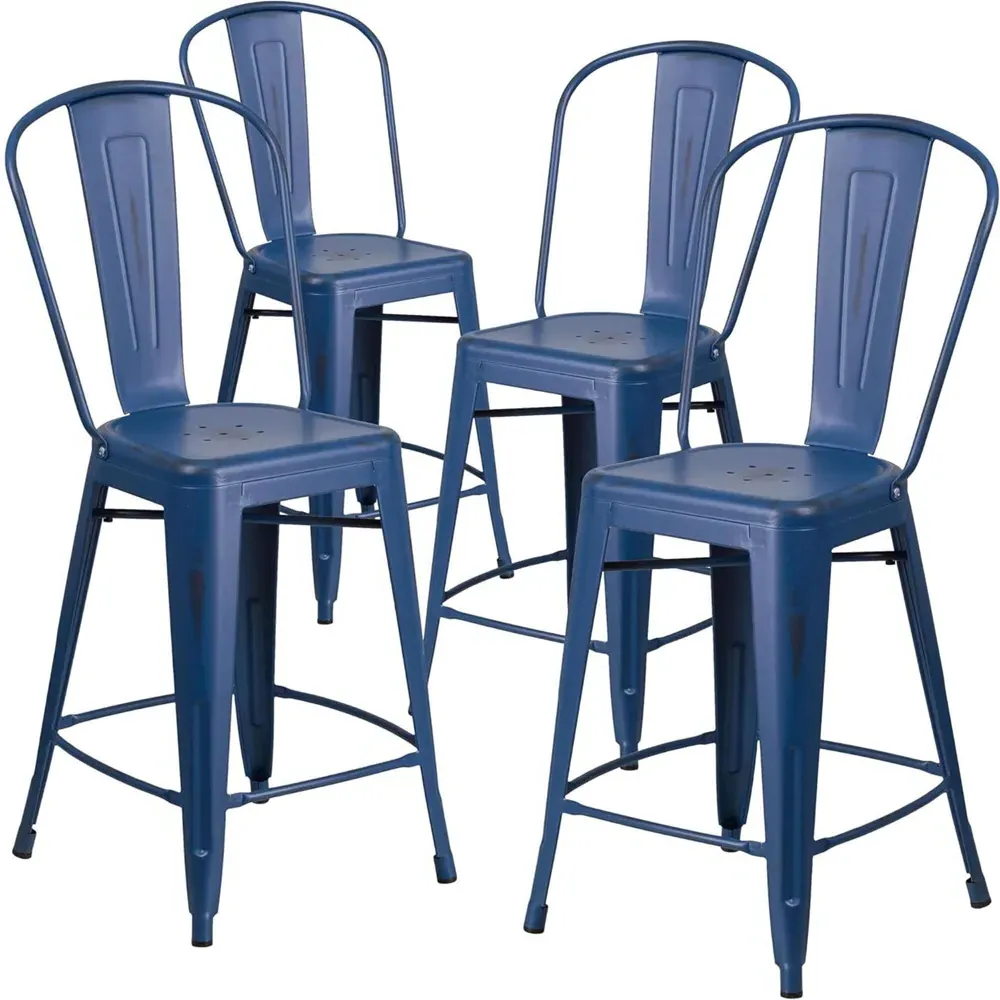 Set of 4 Bar Stools - Blue, Steel