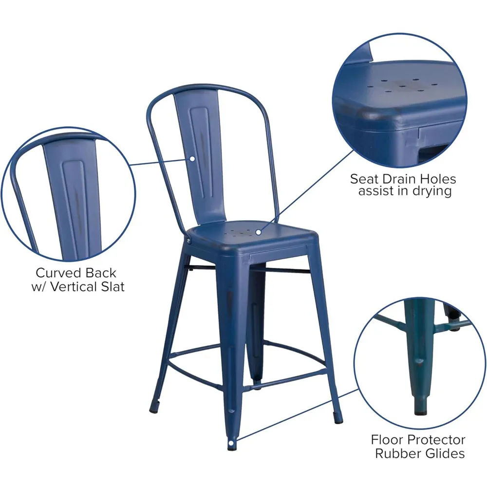 Set of 4 Bar Stools - Blue, Steel