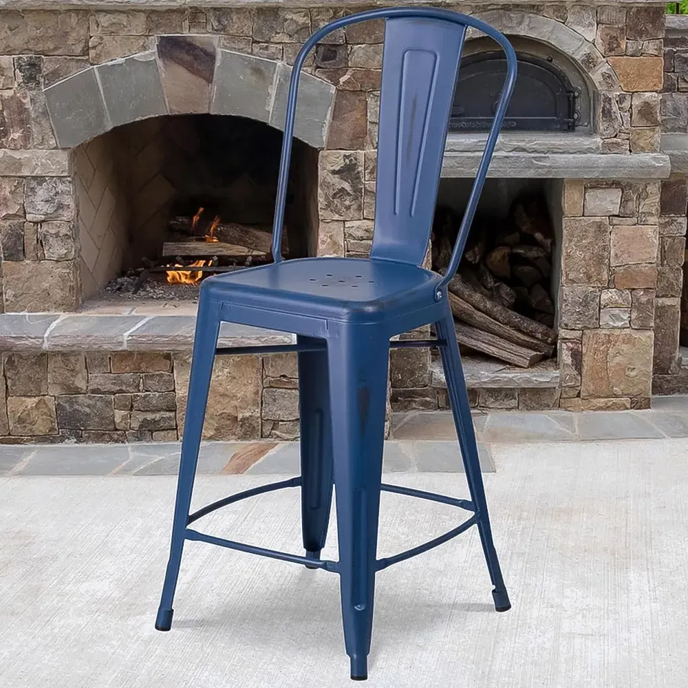 Set of 4 Bar Stools - Blue, Steel