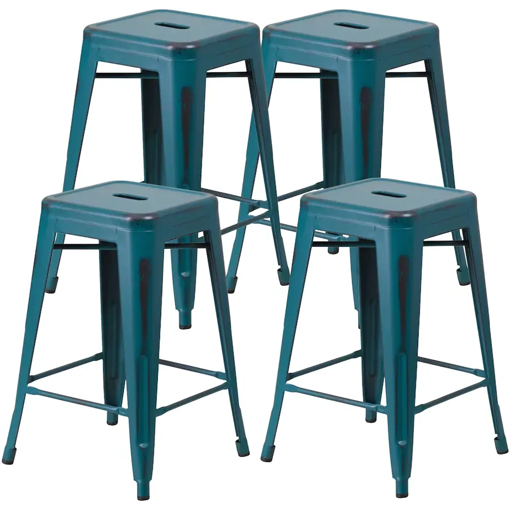Set of 4 Bar Stools - Blue, Steel