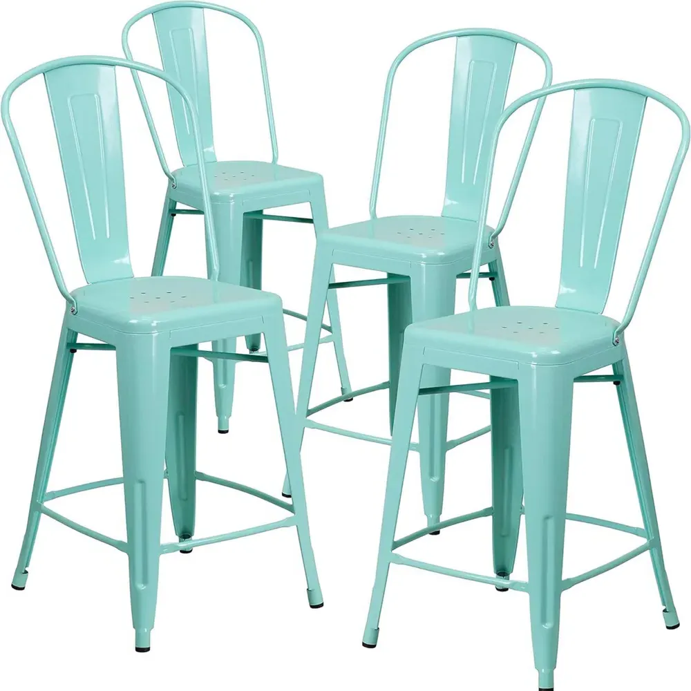 Set of 4 Bar Stools - Green, Steel