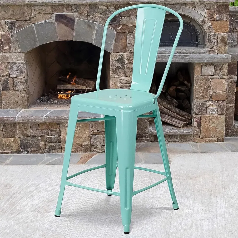 Set of 4 Bar Stools - Green, Steel