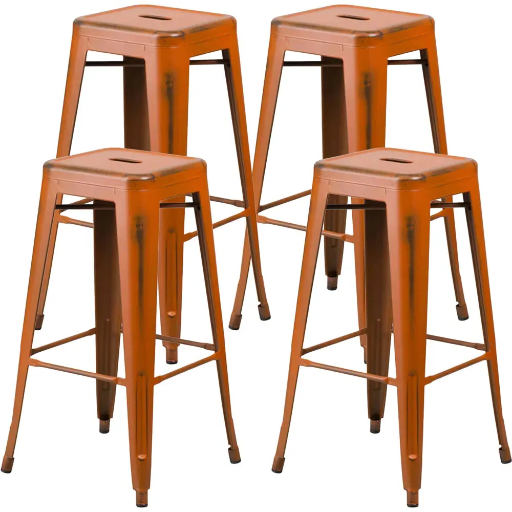 Set of 4 Bar Stools - Orange, Steel