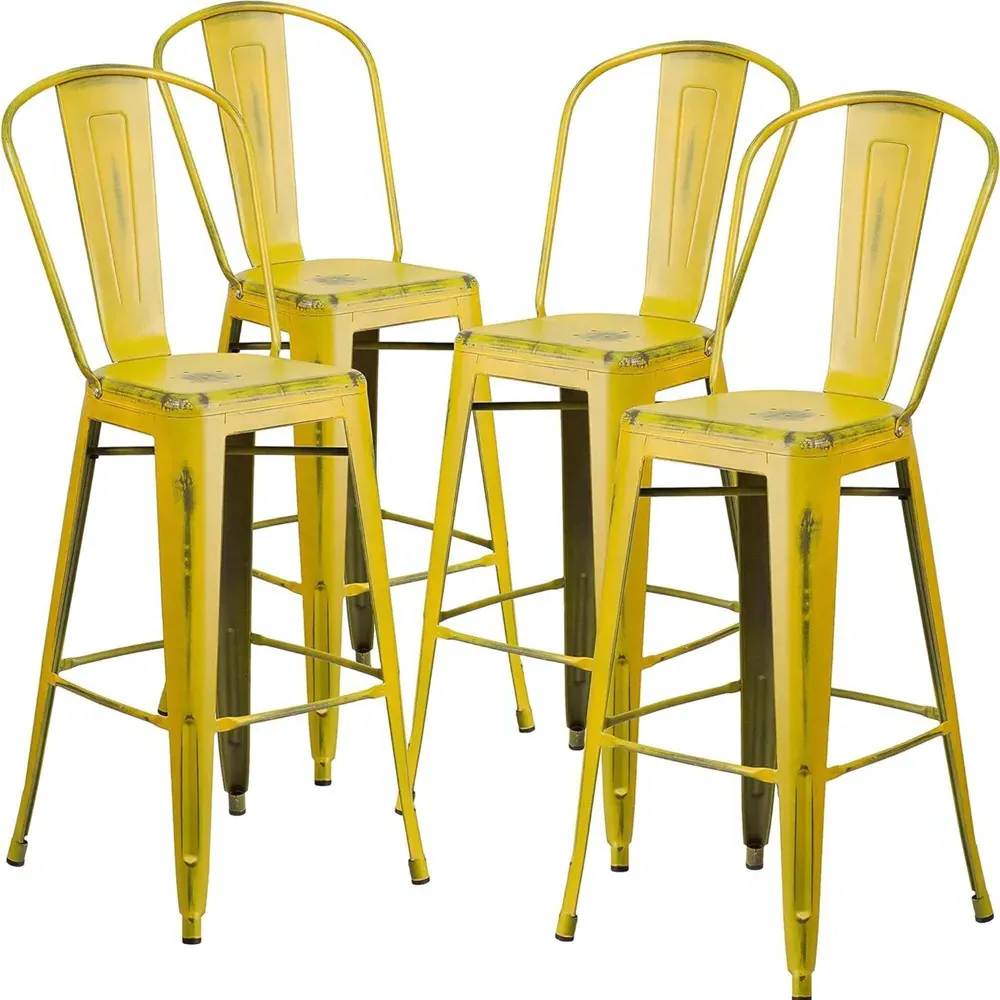 Set of 4 Bar Stools - Yellow, Steel