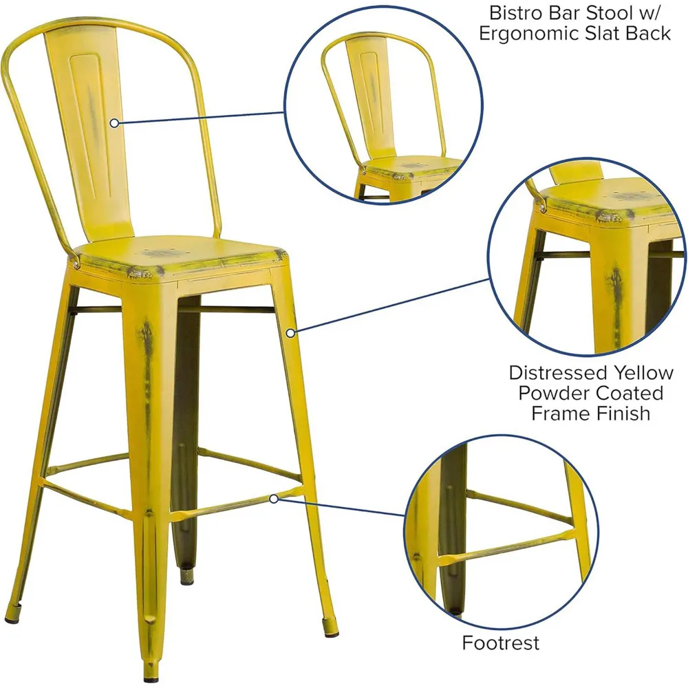 Set of 4 Bar Stools - Yellow, Steel