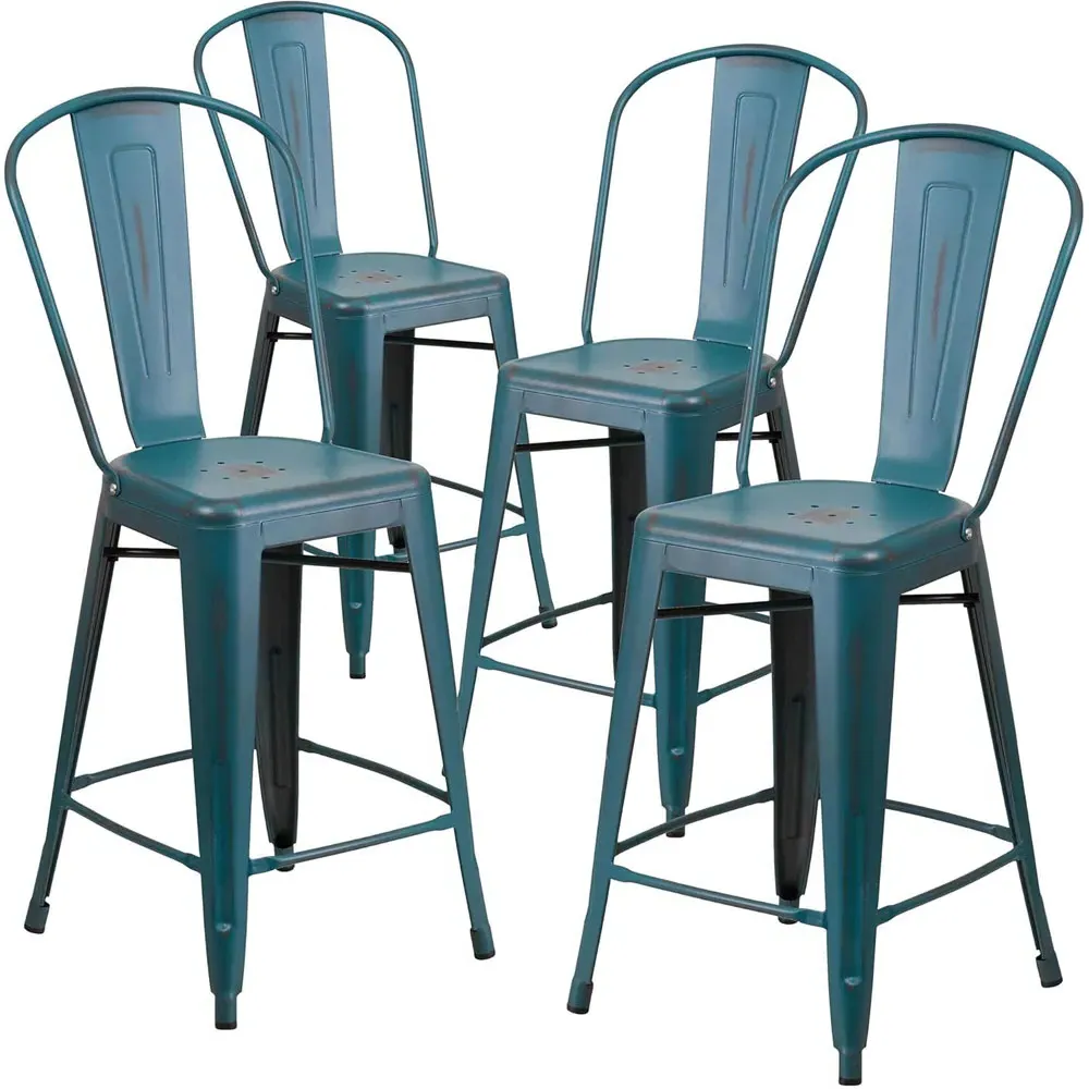 Set of 4 Distressed Steel Bar Stools - Blue