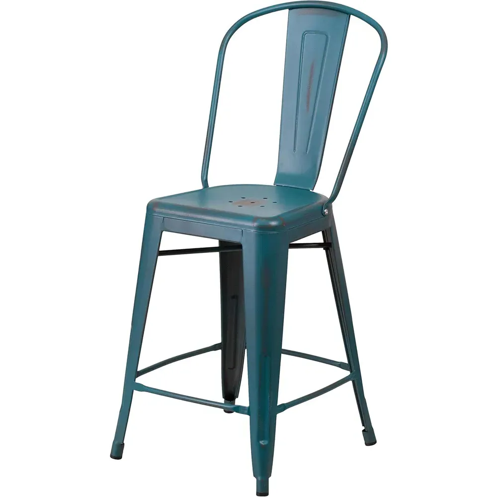 Set of 4 Distressed Steel Bar Stools - Blue