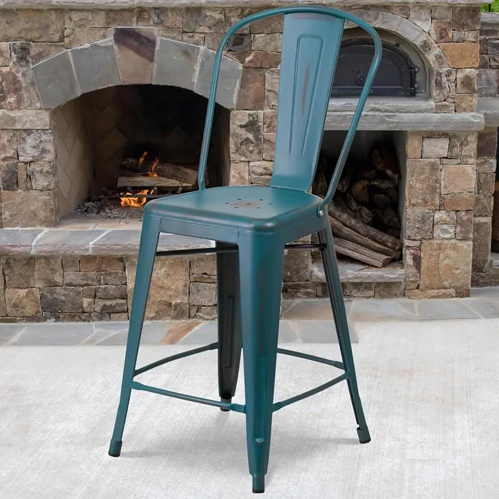 Set of 4 Distressed Steel Bar Stools - Blue image