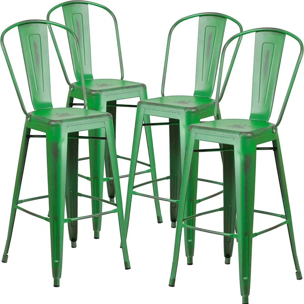 Set of 4 Distressed Steel Bar Stools - Green