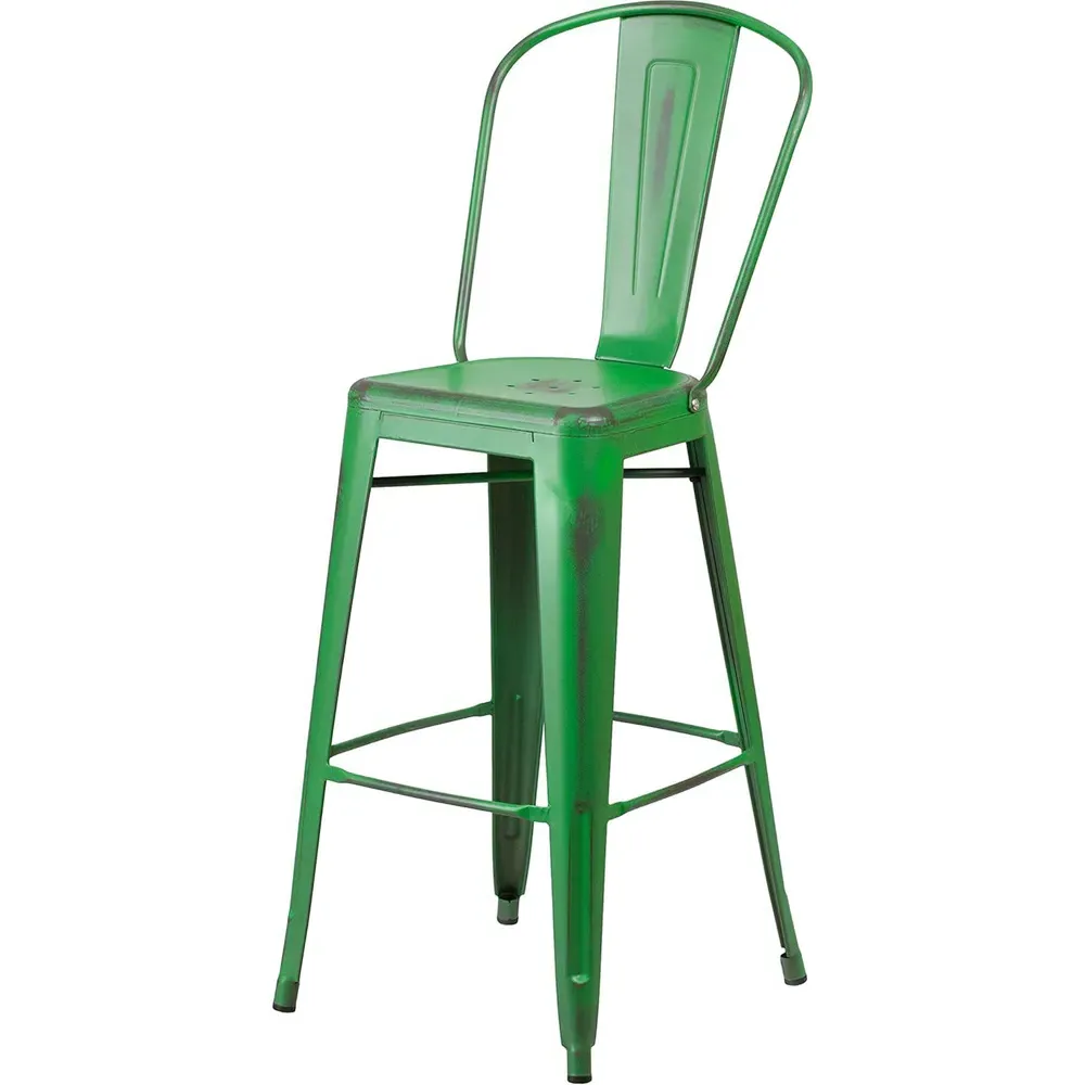 Set of 4 Distressed Steel Bar Stools - Green