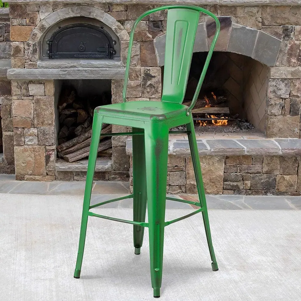 Set of 4 Distressed Steel Bar Stools - Green