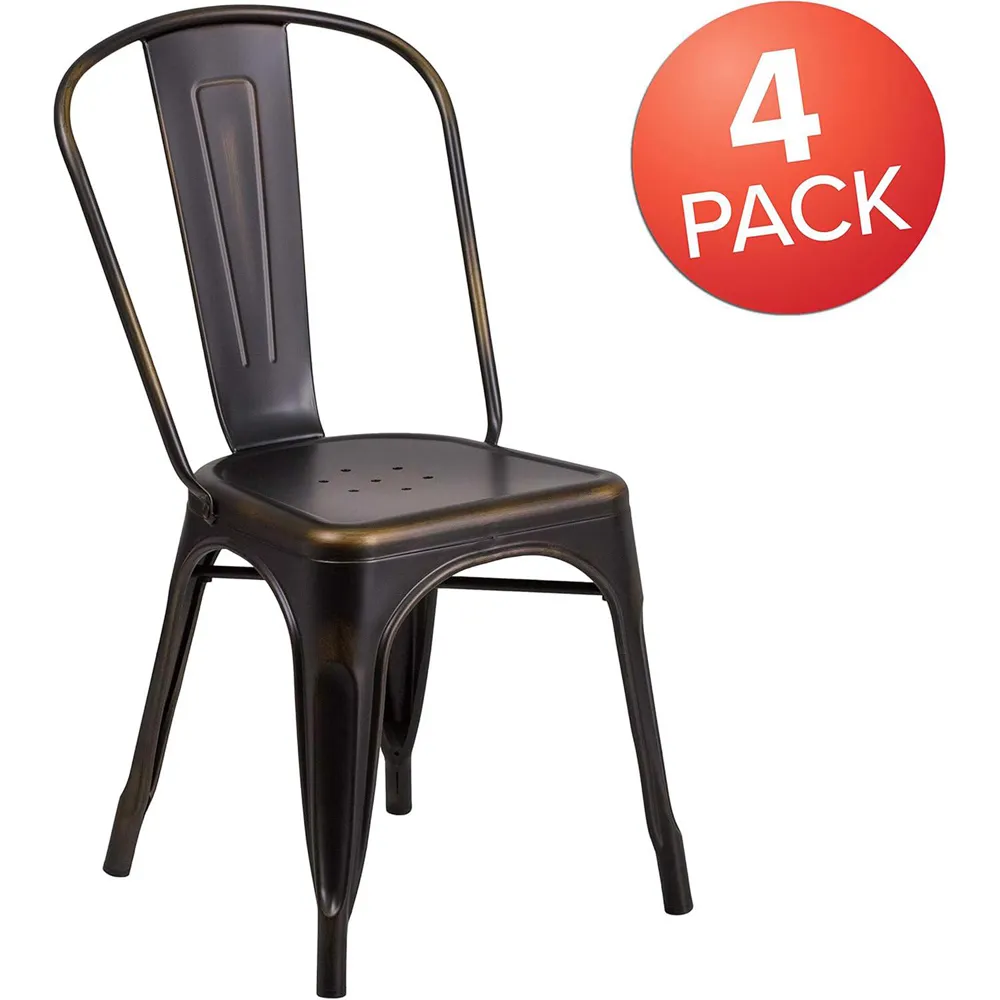 Set of 4 Galvanised Steel Dining Chairs - Brown