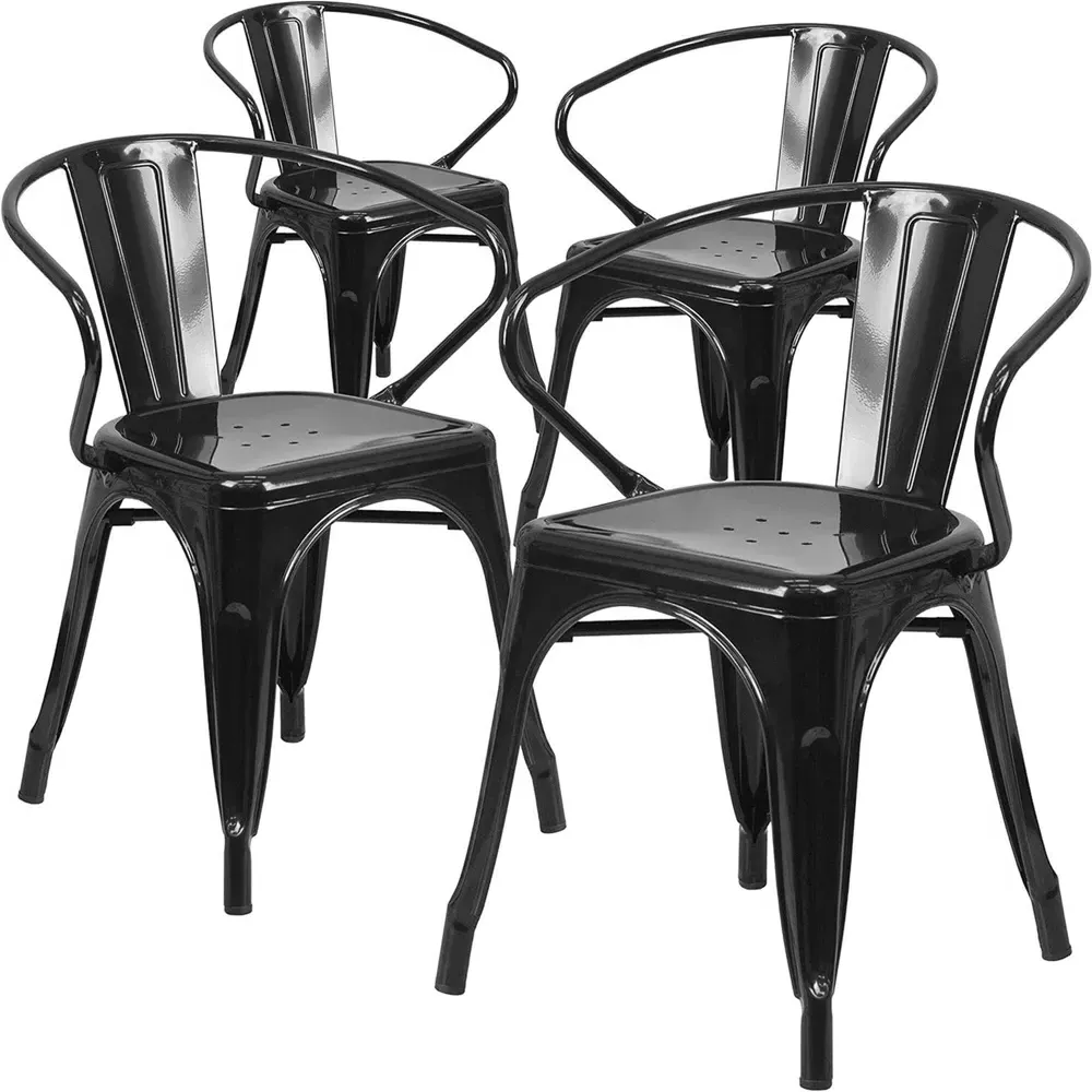 Set of 4 Ready Assembled Chairs - Black, Galvanised Steel