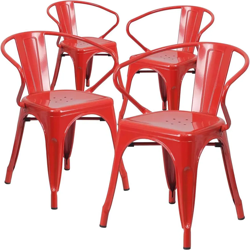 Set of 4 Ready Assembled Chairs - Red, Galvanised Steel