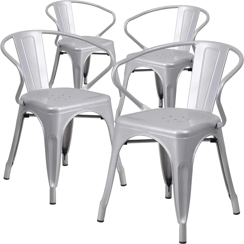 Set of 4 Ready Assembled Chairs - Silver, Galvanised Steel