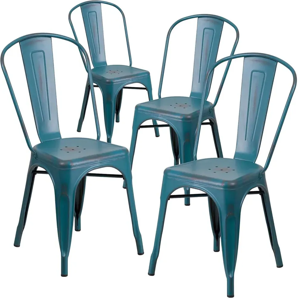 Set of 4 Stackable Dining Chairs - Blue, Steel