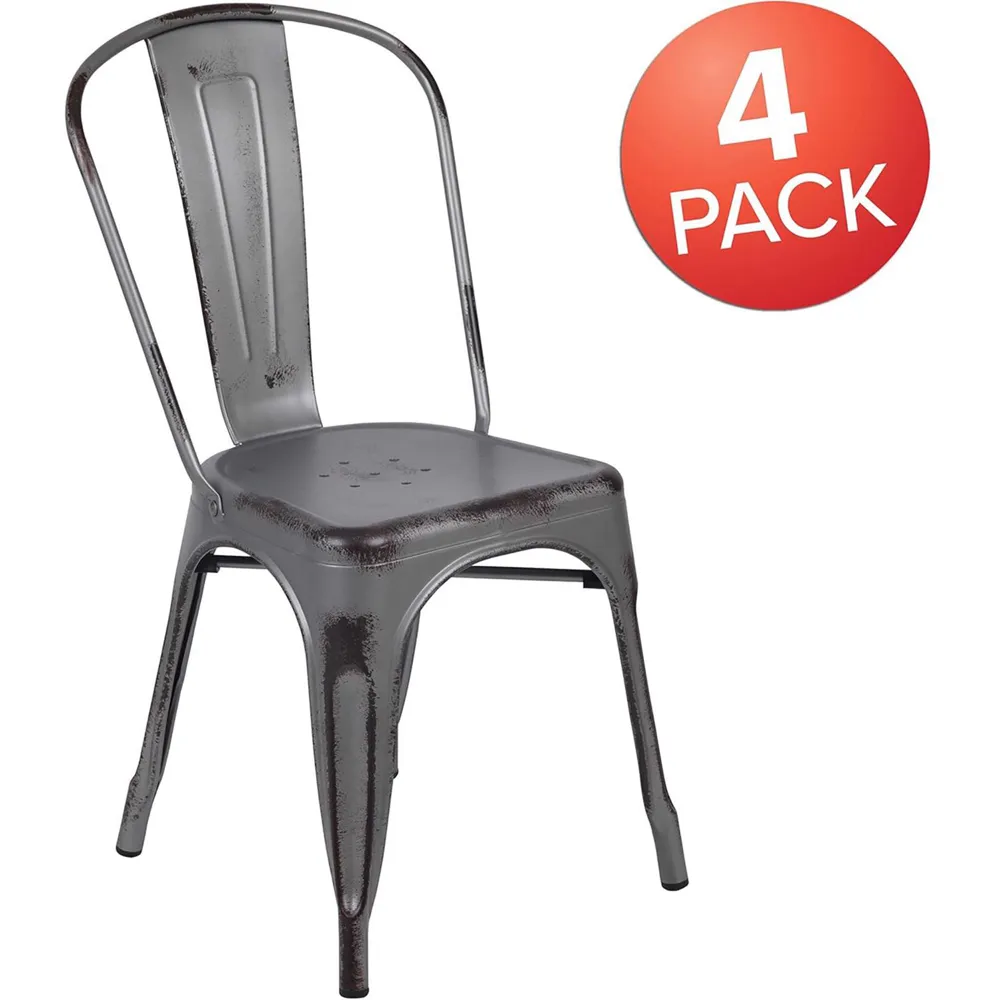 Set of 4 Stackable Dining Chairs - Grey, Steel