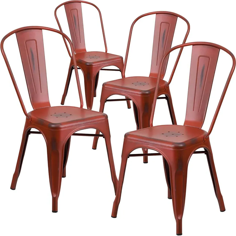 Set of 4 Stackable Dining Chairs - Red, Steel