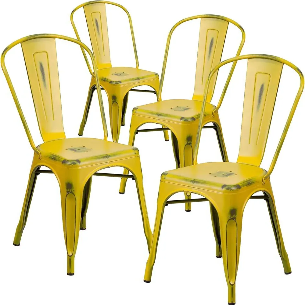Set of 4 Stackable Dining Chairs - Yellow, Steel