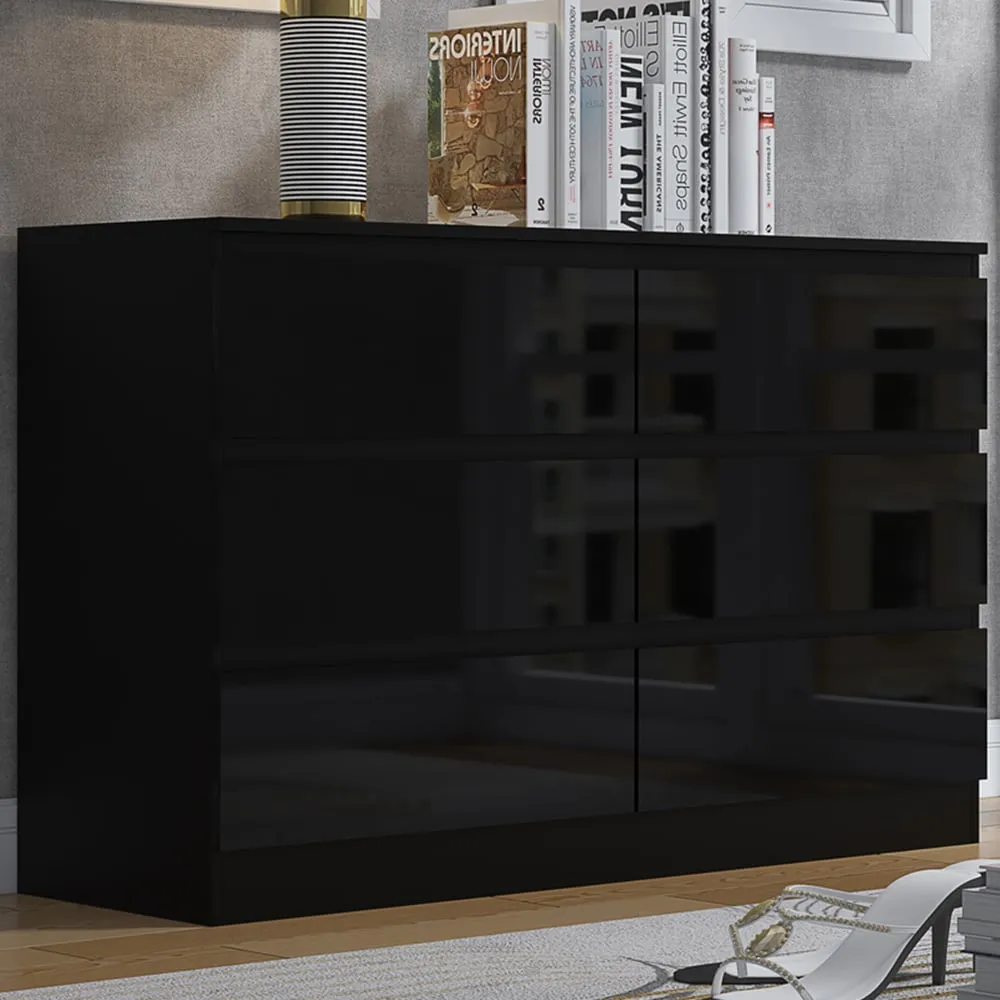 Stora 6 Drawer Wide Chest of Drawers - Black