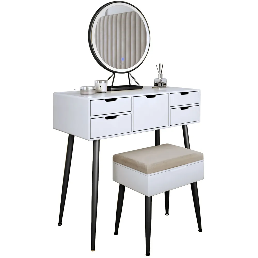5 Drawer Dressing Table Set with LED Mirror - White, Black