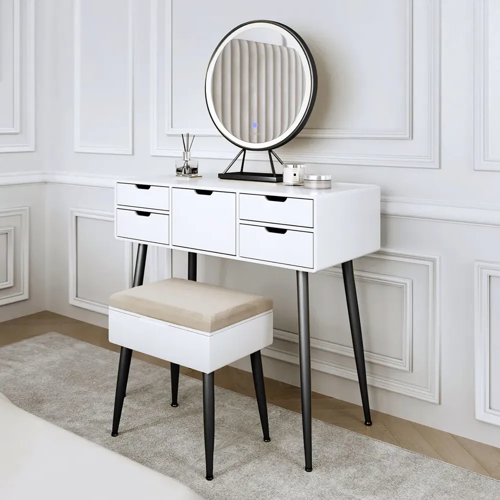 5 Drawer Dressing Table Set with LED Mirror - White, Black image