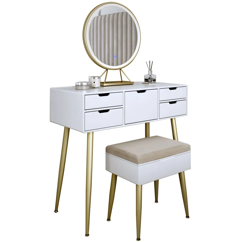 5 Drawer Dressing Table Set with LED Mirror - White, Gold