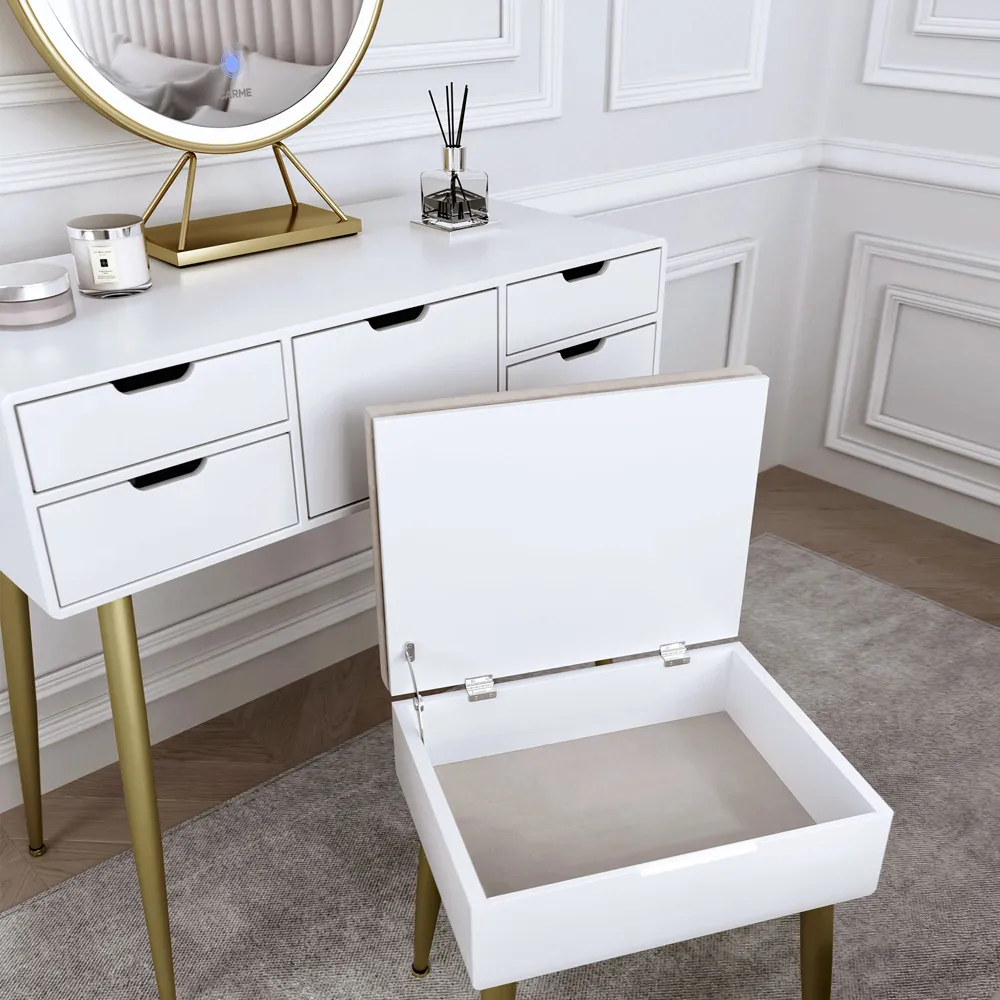 5 Drawer Dressing Table Set with LED Mirror - White, Gold