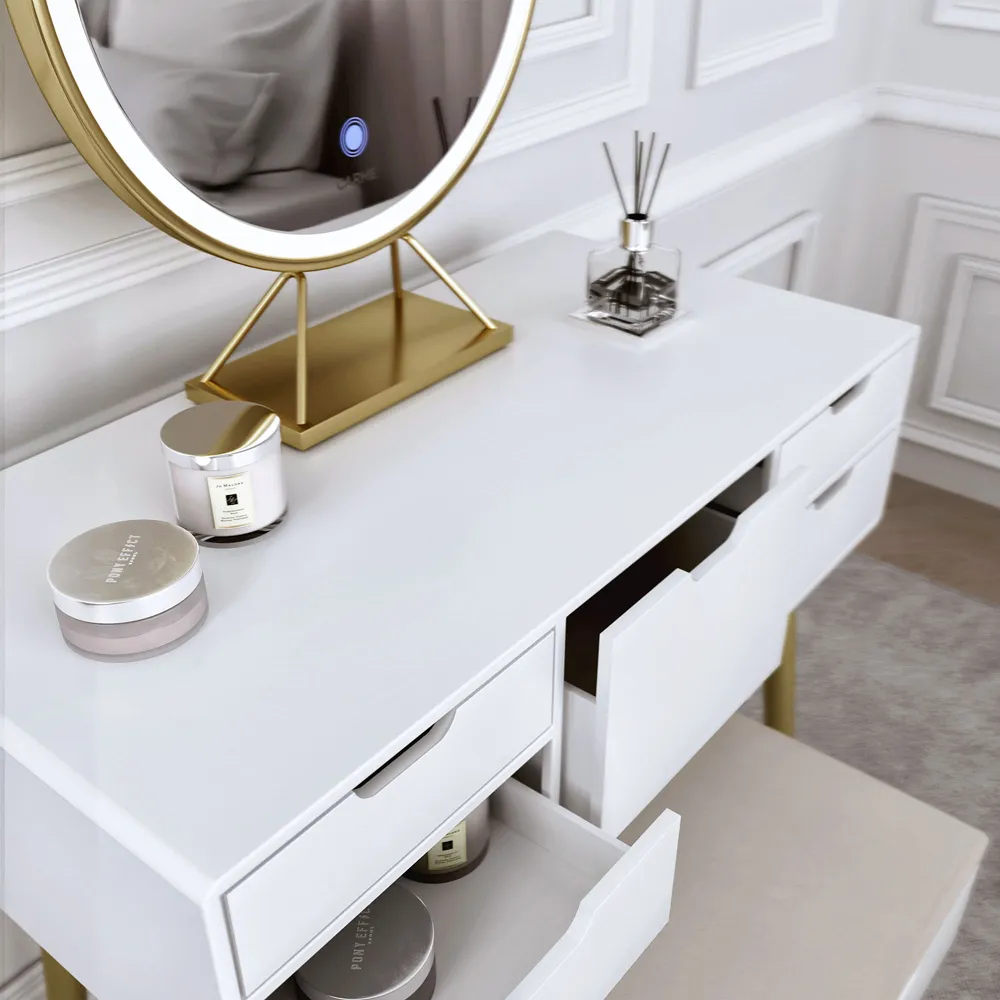 5 Drawer Dressing Table Set with LED Mirror - White, Gold
