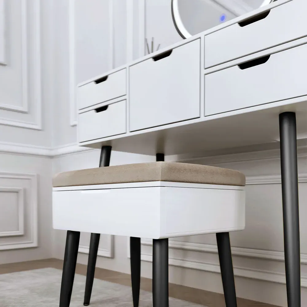 CARME Home Storage Stool with Padding - White, Velvet