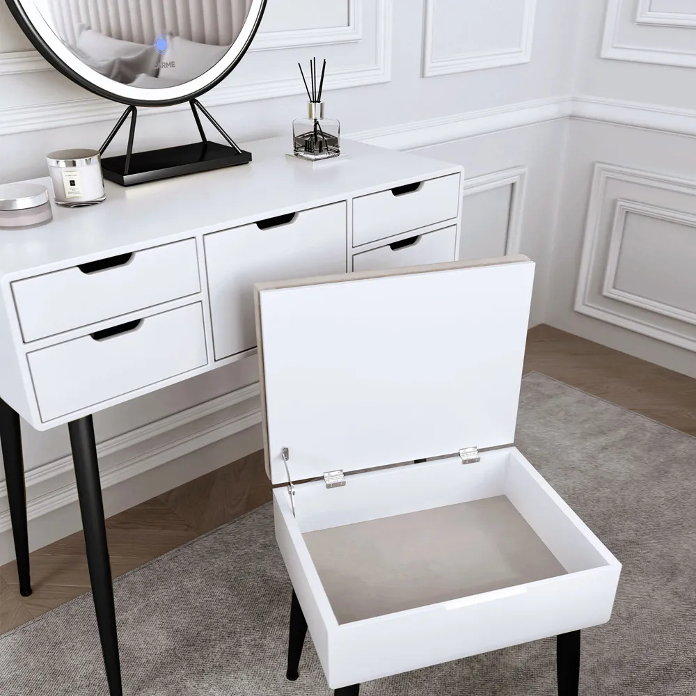CARME Home Storage Stool with Padding - White, Velvet