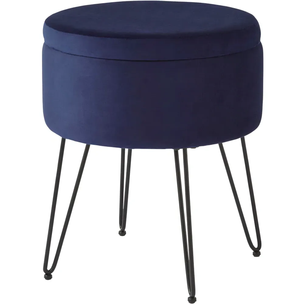 Avery Storage Stool with Storage - Blue, Velvet