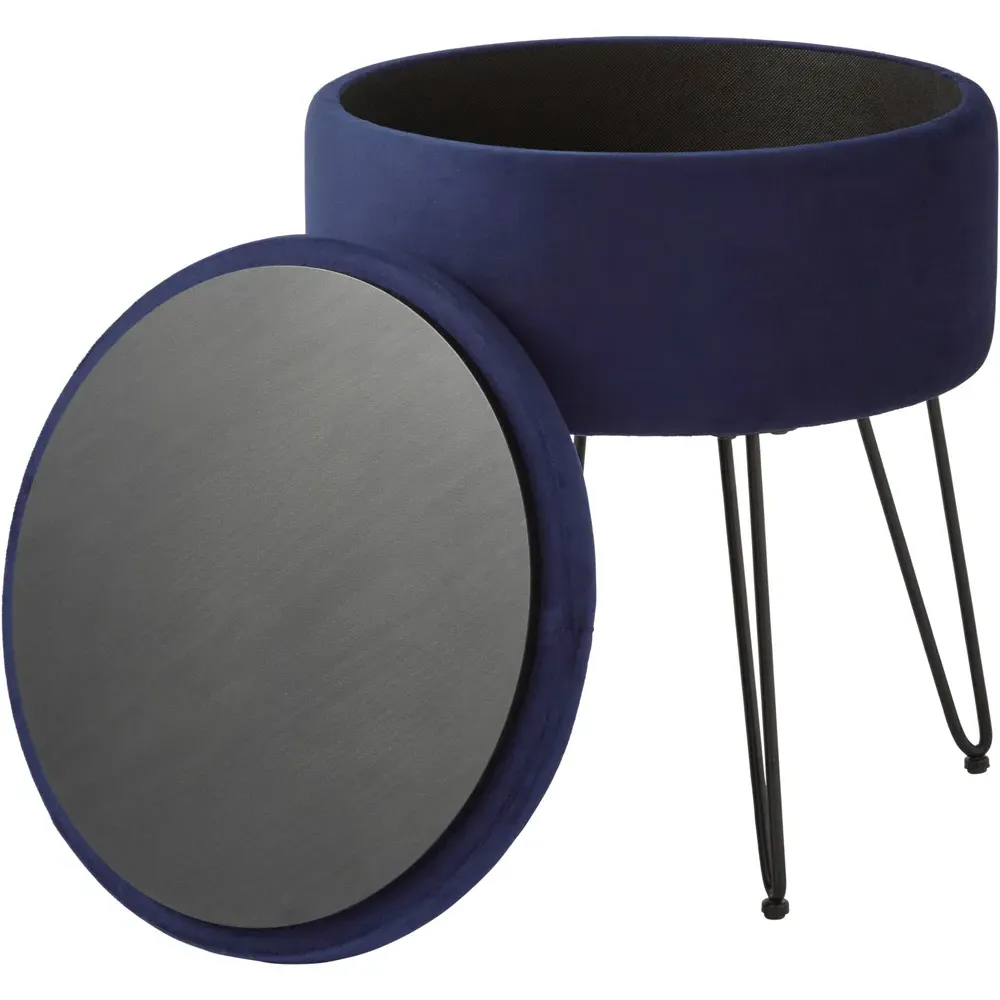 Avery Storage Stool with Storage - Blue, Velvet