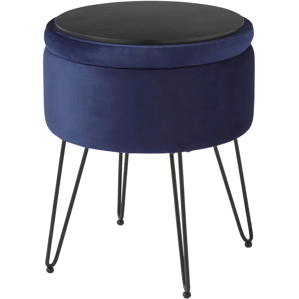 Avery Storage Stool with Storage - Blue, Velvet
