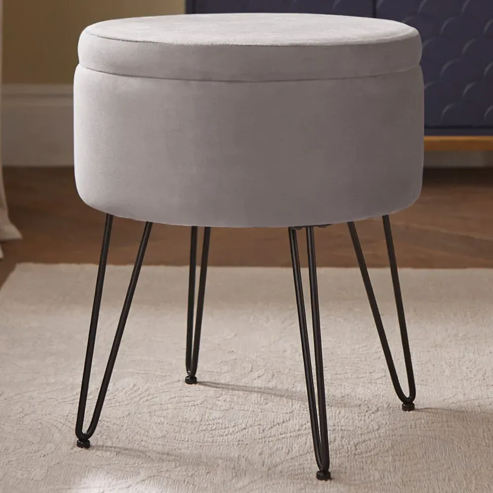 Avery Storage Stool with Storage - Grey, Velvet