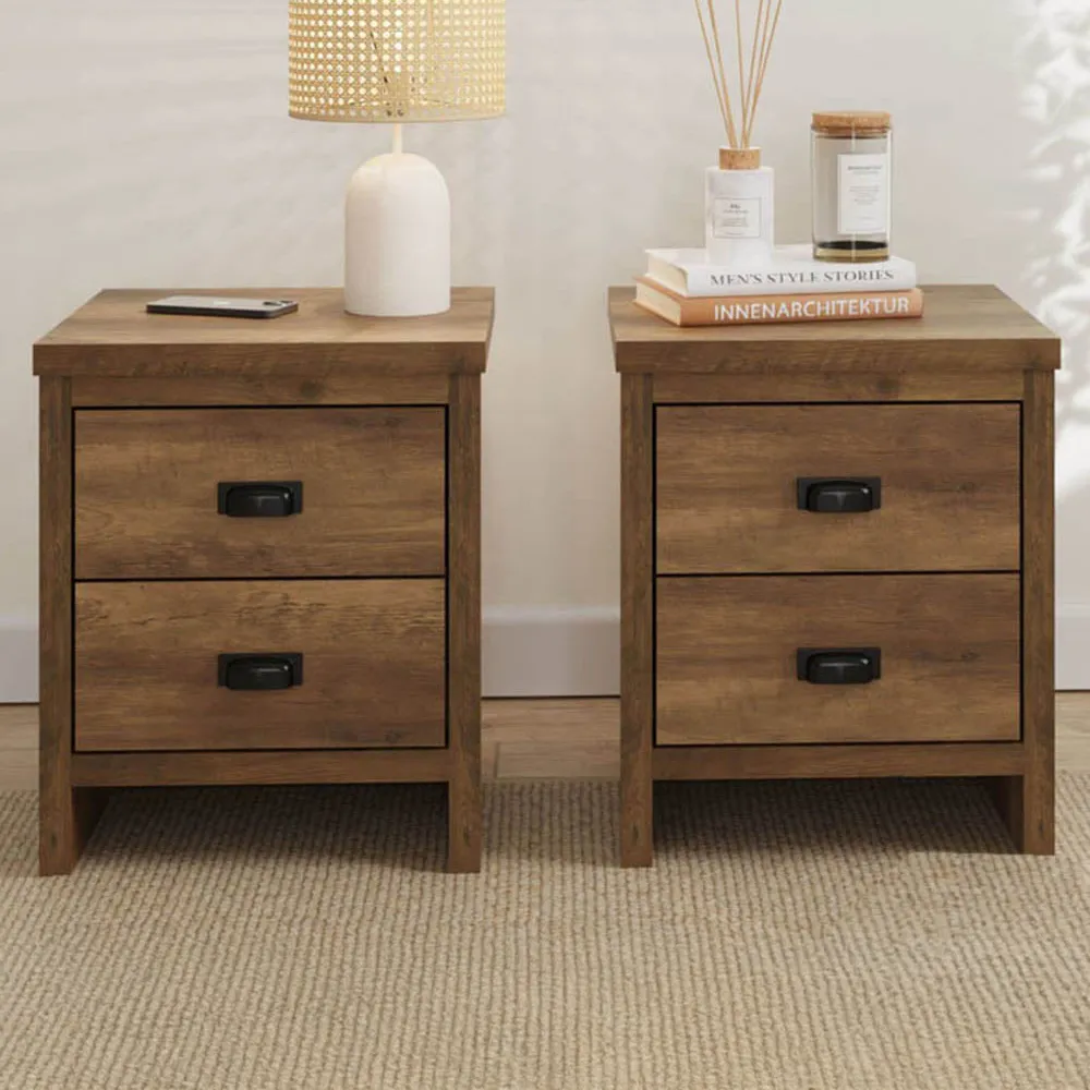 Boston 2 Drawer Bedside Table Set of 2 - Brown, Oak