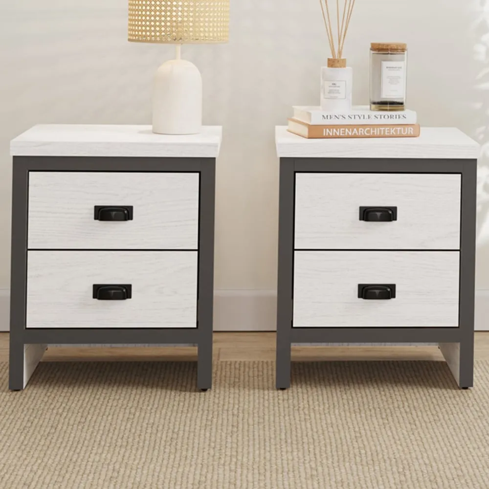 Boston 2 Drawer Bedside Table Set of 2 - White, Oak