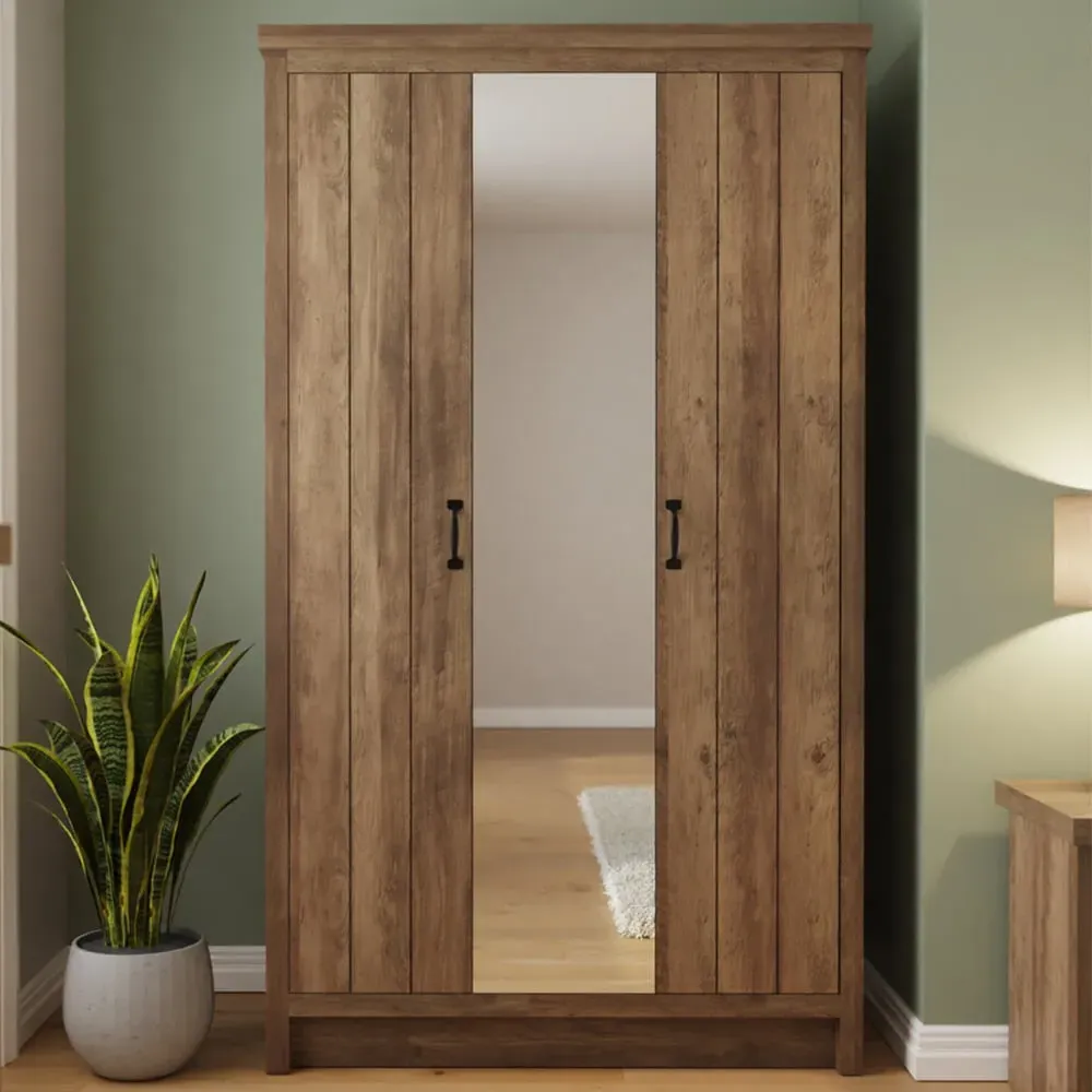 Boston 3 Door Mirrored Wardrobe - Brown, Knotty Oak