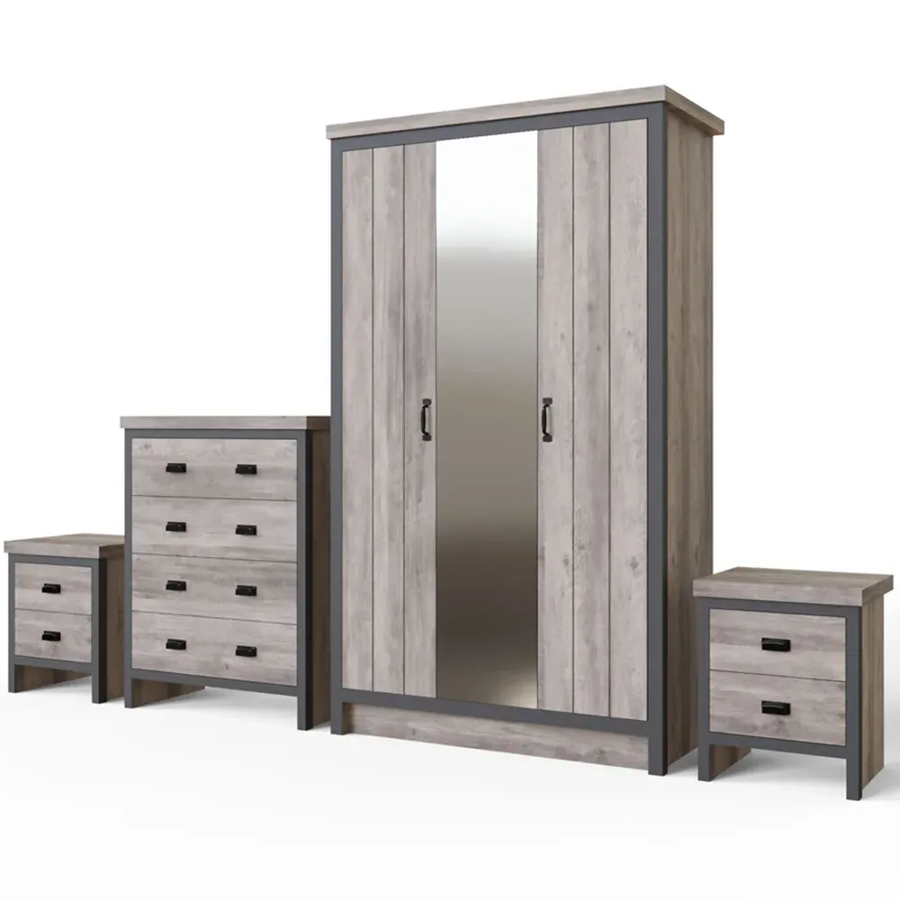 Boston 4 Piece Bedroom Set with Mirrored Wardrobe - Grey