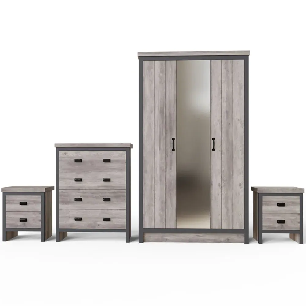 Boston 4 Piece Bedroom Set with Mirrored Wardrobe - Grey