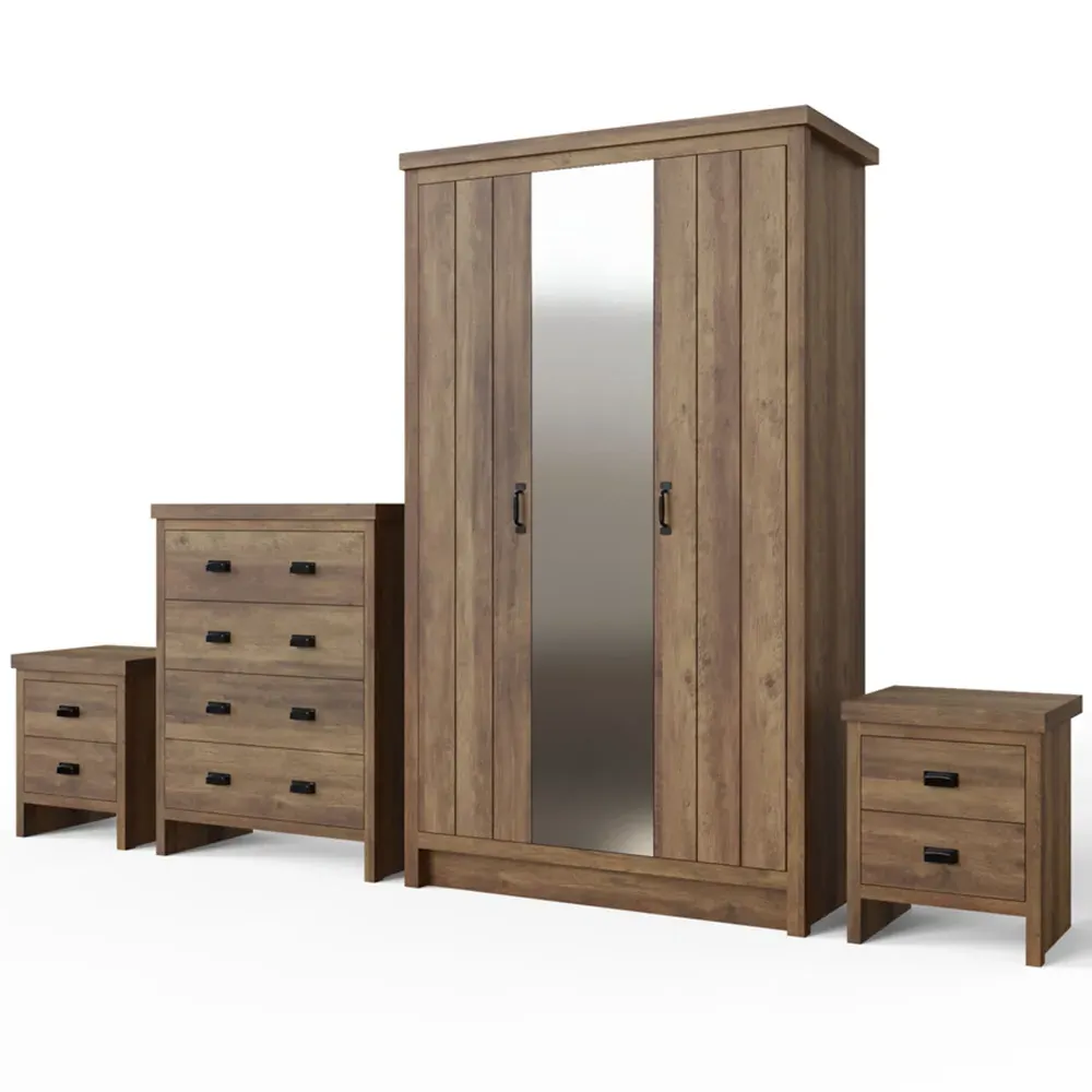 Boston 4 Piece Bedroom Set with Mirrored Wardrobe - Knotty Oak
