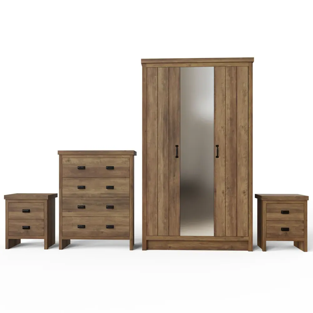 Boston 4 Piece Bedroom Set with Mirrored Wardrobe - Knotty Oak